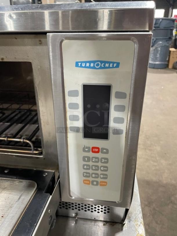 TurboChef NGC commercial stainless steel countertop turbo oven with digital controls. Includes casters and double undershelf cart.