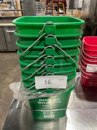 San Jamar Kleen-Pail KP196GN, 6 Qt. Green Detergent Pail, new, stack of 16, commercial-grade, labeled for detergent use.