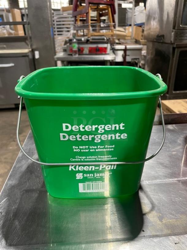San Jamar Kleen-Pail KP196GN, green, 6 qt. detergent pail, new condition, commercial use, "Do Not Use For Food" label.