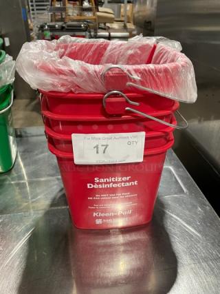 San Jamar Kleen-Pail Series red sanitizer pail, 6 qt, new condition, Model KP196RD, labeled for sanitizer use.