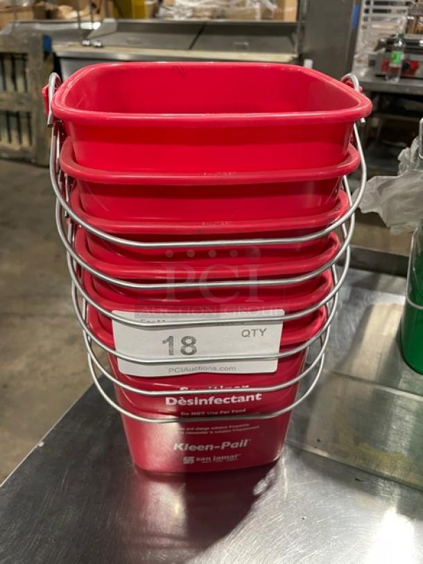 San Jamar Kleen-Pail Series red 3 Qt. sanitizer pail, Model KP97RD, new condition, labeled for disinfectant use.