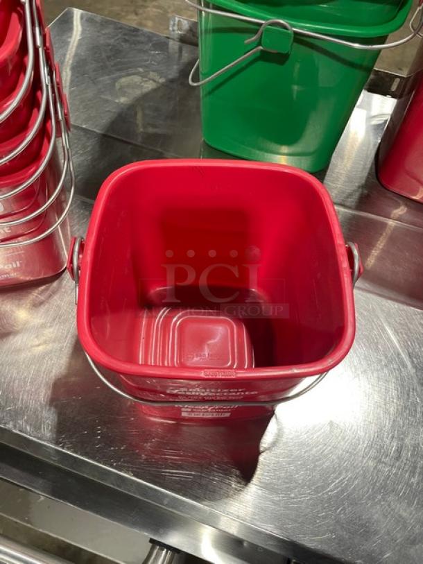 Red San Jamar Kleen-Pail, 3 Qt. Model KP97RD, new condition. Marked "Sanitizer" with measurement guides. Commercial use.