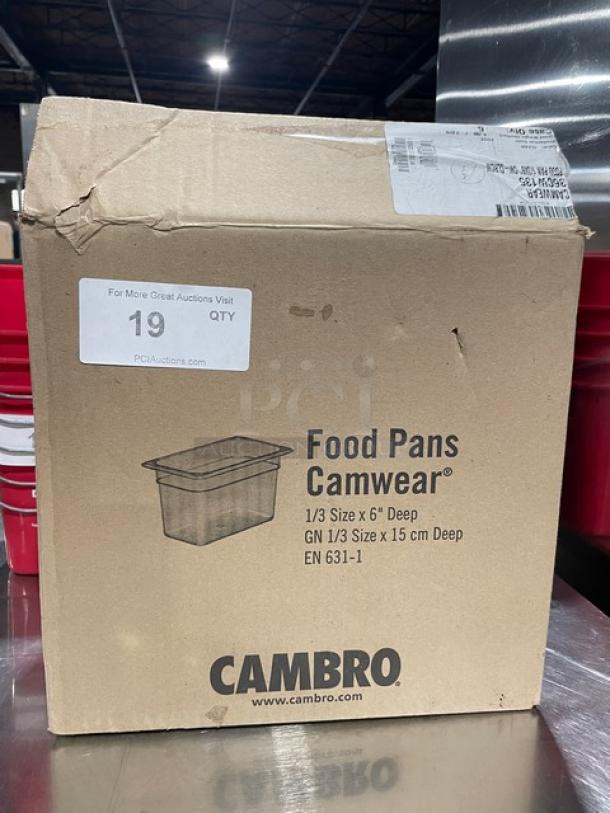 Cambro Camwear 1/3 Size 6" Deep Food Pans, Model 36CW135, new in box. Clear polycarbonate, commercial grade.