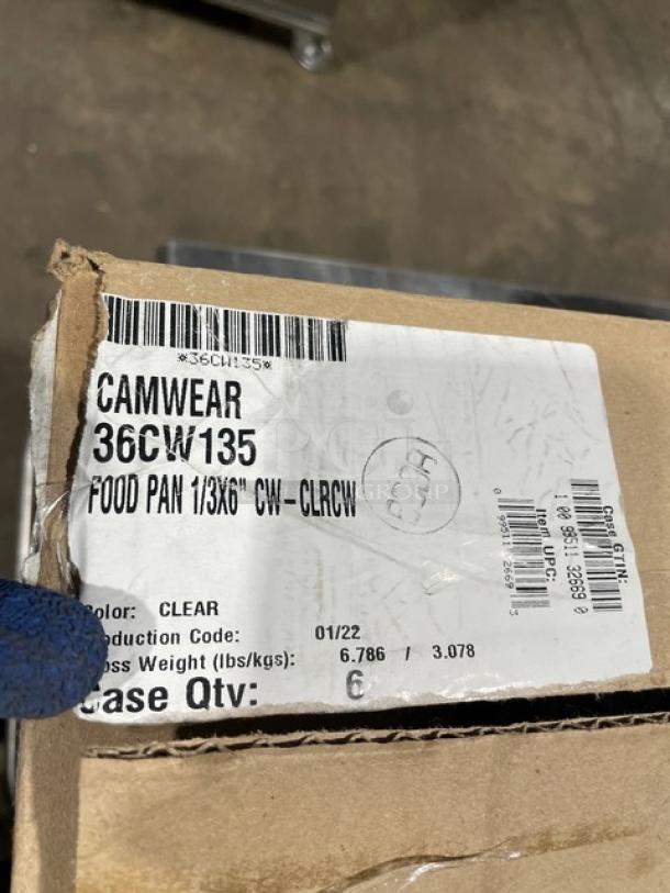 New Cambro Camwear 1/3 Size 6" Deep Food Pans, Model 36CW135, Clear Polycarbonate, Unopened Box of 6.