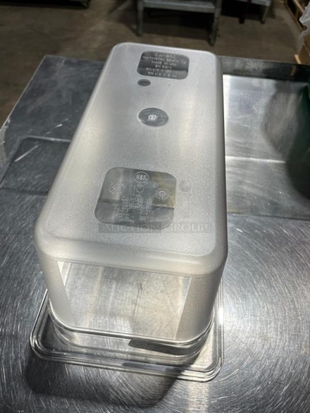 Cambro Camwear Series polycarbonate food pan, model 36CW135, 1/3 size, 6" deep, clear, new condition with product markings.