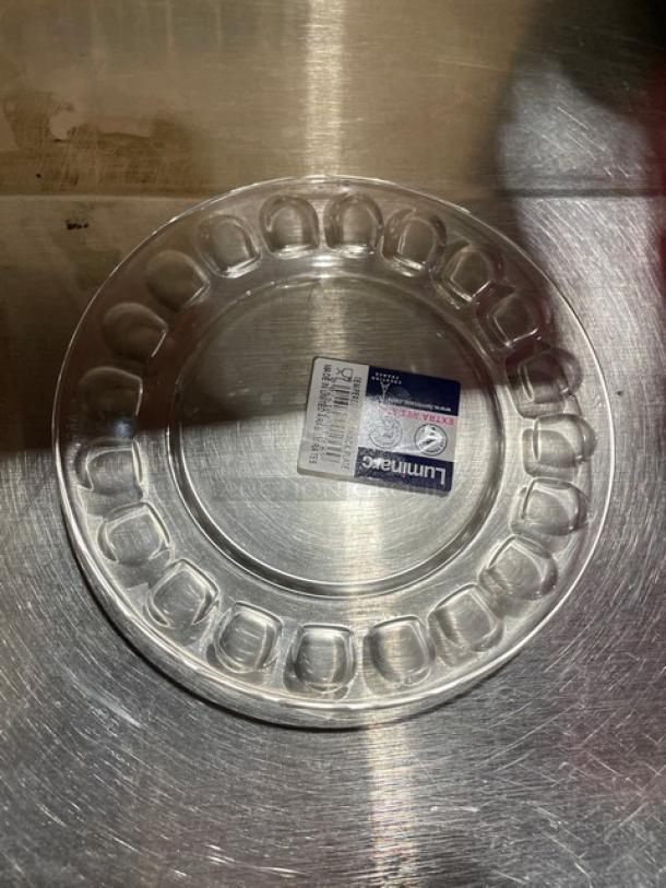 NEW Luminarc Arcoroc tempered glass snack/dessert plate, round, clear, with decorative edge design, brand label attached.