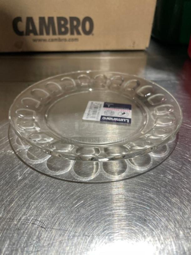 NEW Luminarc by Arcoroc clear tempered glass round snack/dessert plate, commercial quality. Brand label visible.