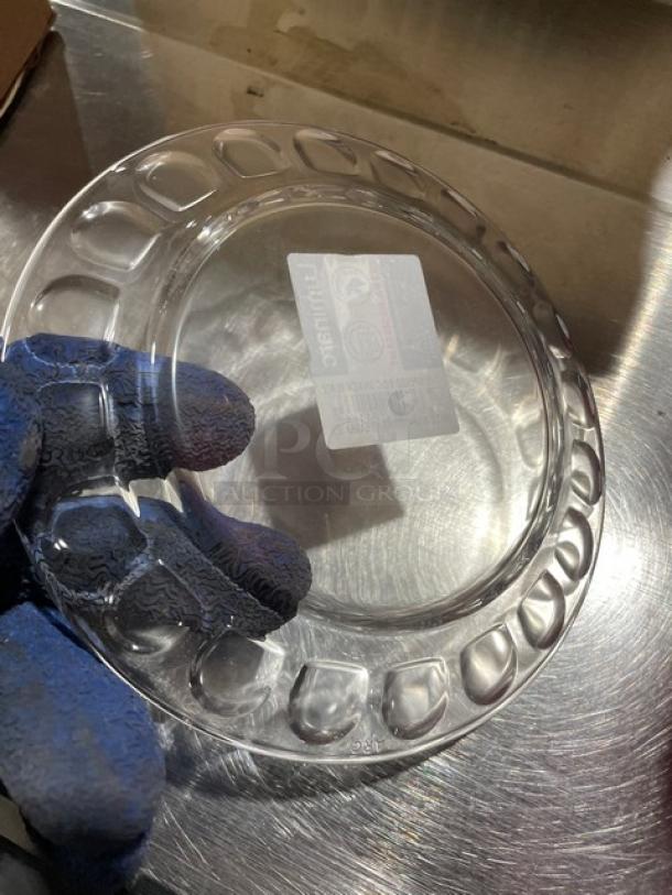 NEW Luminarc Arcoroc commercial tempered glass round plate, clear, snack/dessert size, unique edge design, brand sticker shown.
