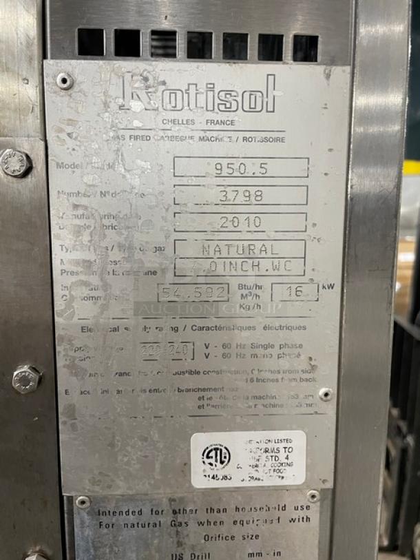 Rotisol stainless steel gas rotisserie oven, model 950.5, SN 3798, with tempered glass doors and enclosed cabinet base.