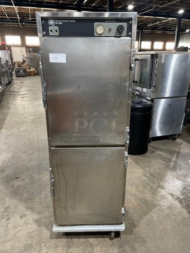 Henny Penny HC-900 heated holding cabinet, stainless steel, half door, full-size, electric, pan slides, on casters.