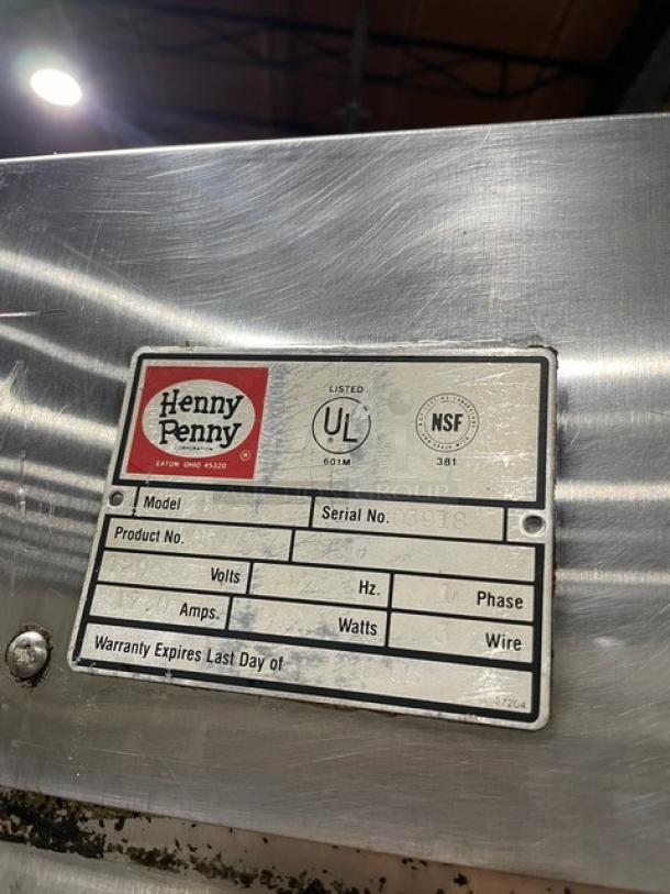 Henny Penny HC-900 stainless electric heated cabinet, model SN: 03918, features UL/NSF labels, 120V single phase, on casters.
