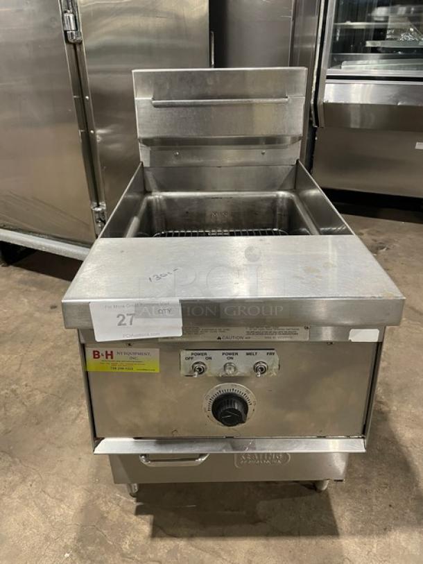 Keating 14CMBB commercial stainless steel electric fryer with thermostatic control, backsplash, and basket hanger, model FE35461.