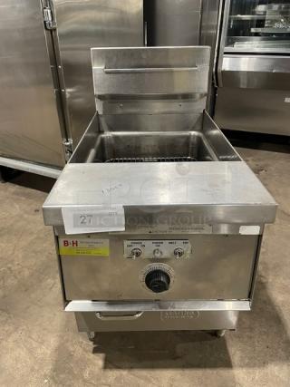 Keating 14CMBB commercial stainless steel electric fryer with thermostatic control, backsplash, and basket hanger, model FE35461.