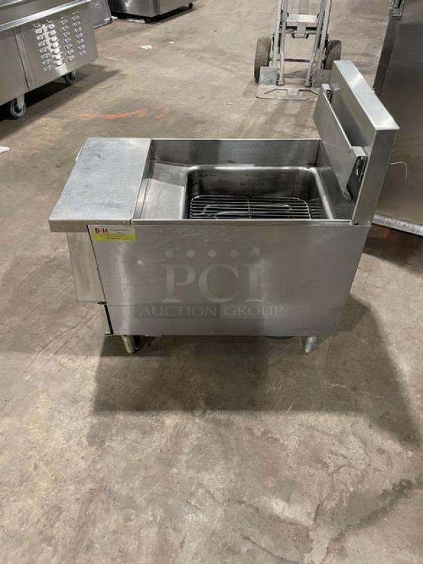Keating 14CMBB stainless steel countertop fryer with thermostatic control, basket hanger, and back splash. Model SN: FE35461.