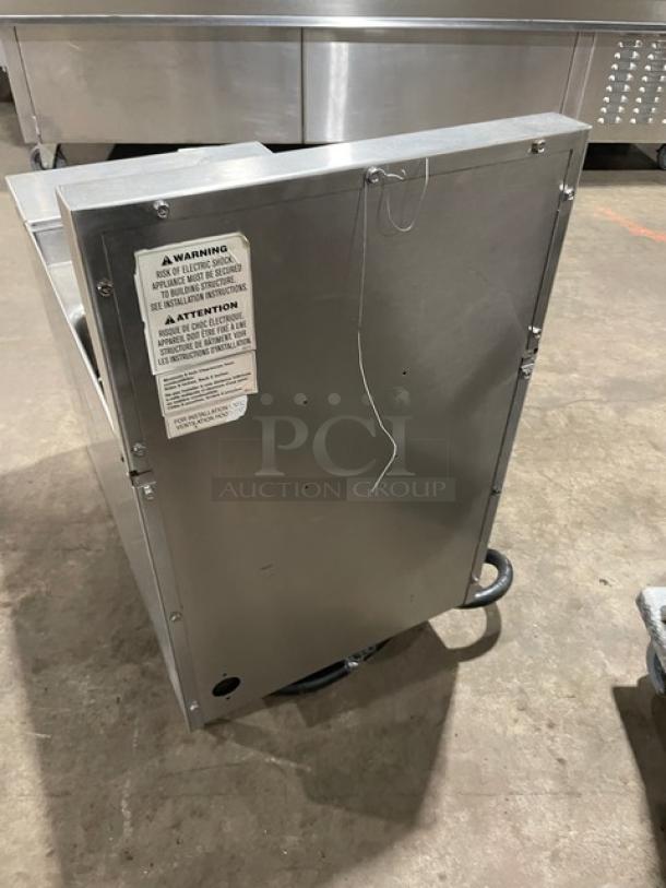 Keating 14CMBB electric fryer, stainless steel, with backsplash, basket hanger, 240V 3 phase, model label visible, on legs.