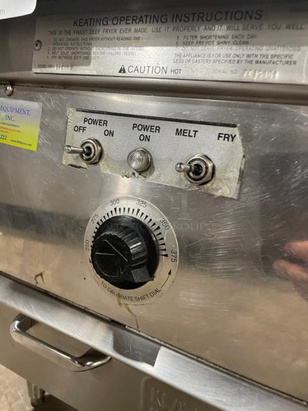Keating 14CMBB stainless steel electric fryer with thermostatic control, backsplash, basket hanger, and operating dials.