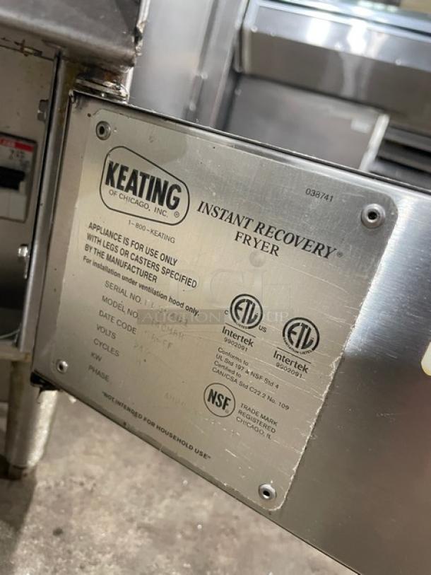 Keating Commercial Stainless Steel Electric Fryer Model 14CMBB, with thermostatic control, backsplash, basket hanger, 240V 3 Phase.