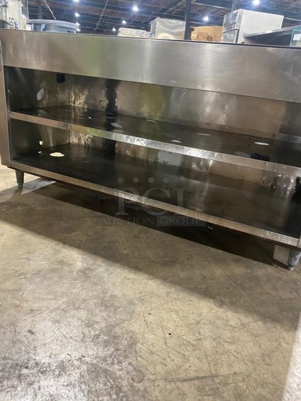 Commercial stainless steel enclosed cabinet with double shelf base, drop-in adapter plate, and drain hole, on sturdy legs.