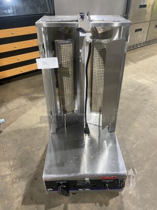 Star Max Series VBG30 vertical gyro broiler, stainless steel, natural gas, 120V, 1 phase, on legs, VG condition, SN: VBG300116A0007.