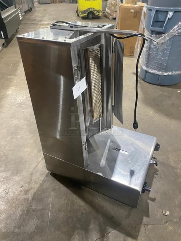 Star Max VBG30 stainless steel gyro broiler, natural gas, 120V 1-phase, on legs. Model VBG30, SN VBG300116A0007.