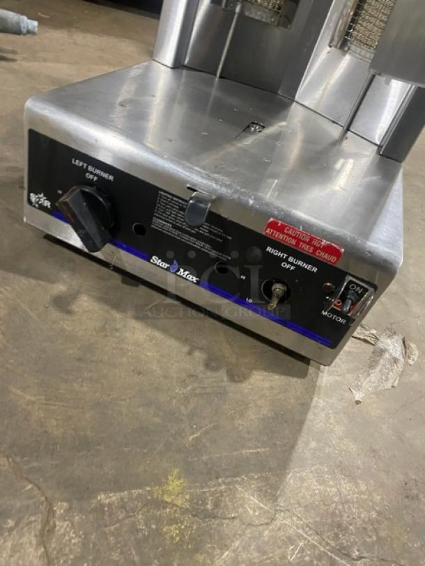 Star Max VBG30 commercial stainless steel natural gas gyro broiler. Features 120V, 1 phase, on legs, control knobs visible.