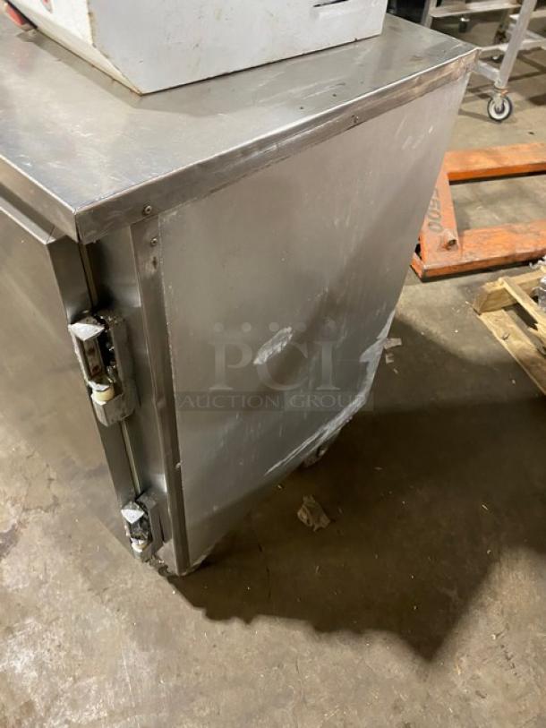 Leader LB48SC 2-door stainless steel lowboy refrigerator with chrome plated wire rack, on casters, 115V 1 phase, SN: PY08M0308.