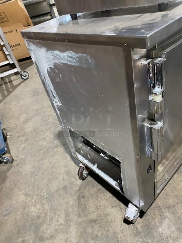 Leader Commercial Stainless Steel 2 Door Lowboy/Worktop Refrigerator, Model LB48SC. Includes chrome wire rack, on casters.