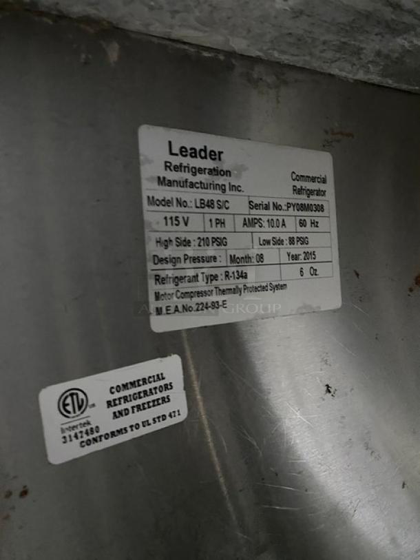 Leader stainless steel 2-door lowboy refrigerator, model LB48SC, SN PY08M0308. Includes chrome wire rack, 115V, on casters.