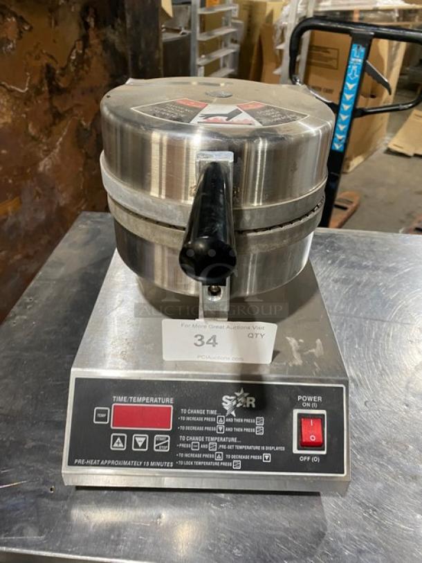 Star Commercial Stainless Steel Electric Belgian Waffle Maker; features temperature control, power switch, good condition.