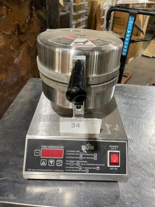 Star Commercial Stainless Steel Electric Belgian Waffle Maker; features temperature control, power switch, good condition.