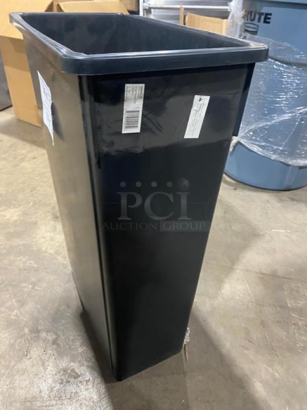 Winco PTC23K 23 Gal. commercial black slender trash can, new condition, features durable design with visible model labels.