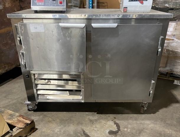 Leader LB48SC stainless steel 2-door lowboy refrigerator, chrome wire rack, 115V 1 phase, on casters, model SN: PY08M0308.