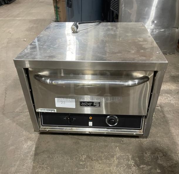 Asber stainless steel electric countertop pizza deck oven, model AEPOE26, with ceramic stone; 220-240V, 1 Phase.