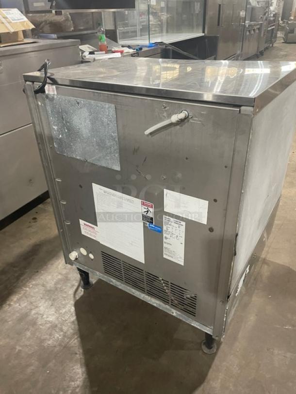 Ice-O-Matic ICEU300FA2 commercial ice machine, stainless steel, air-cooled, Energy Star certified; model and service labels visible.
