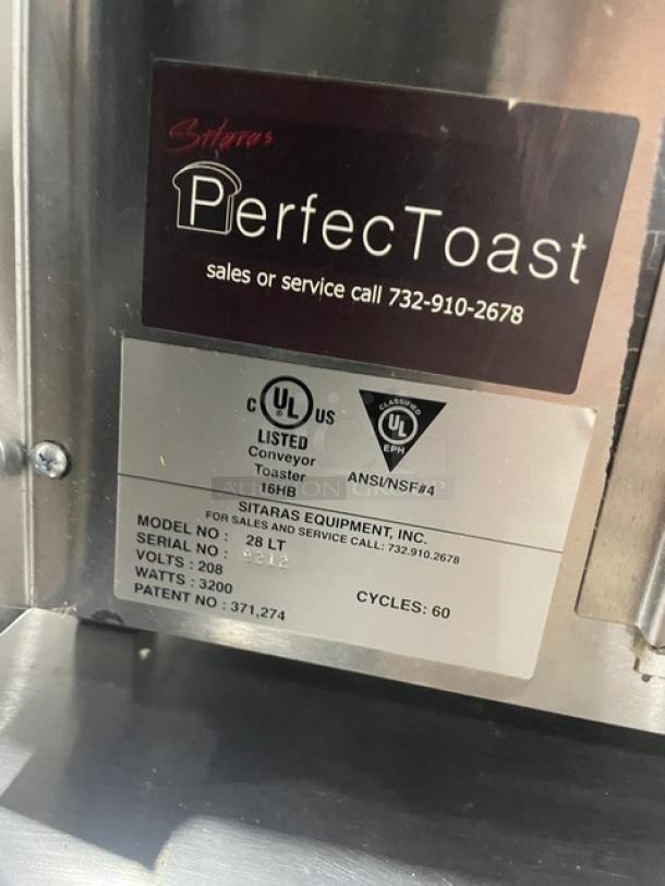 Sitaras PerfecToast Series 28LT commercial conveyor toaster, stainless steel, model 28LT SN: 9212, 208V, on legs.