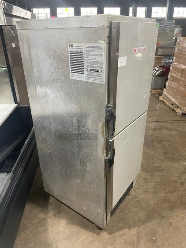 Metro C199H1N single section insulated mobile heated cabinet, half door, durable, on casters, wide pan slides, labels visible.