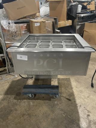 APW Wyott CW2 stainless steel refrigerated cold food well with hotel pans; 115V, electric powered, on wheels.