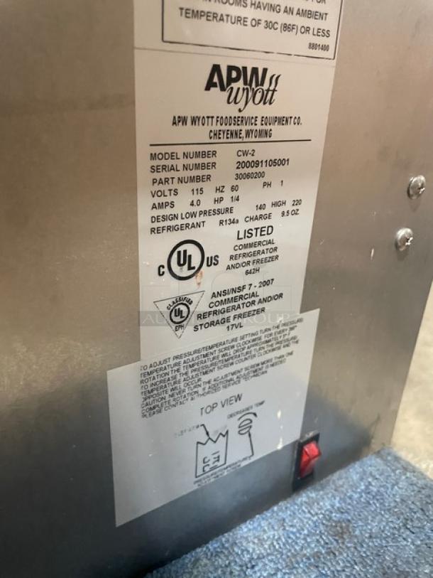APW Wyott CW-2 refrigerated drop-in cold food well, 115V, stainless steel, UL listed, model number and specs visible.
