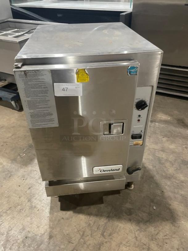 Cleveland Range SteamChef Series Model 22CGT6.1 stainless steel countertop convection steamer, natural gas-powered, Energy Star certified, with built-in pan holding rack. Serial Number: 1310230000068.