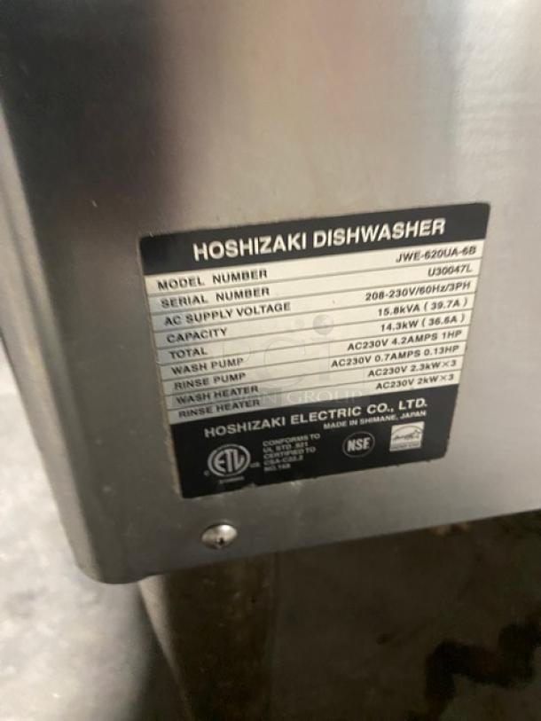 Hoshizaki JWE620UA6B dishwasher label showing model, serial number U30047L, voltage 208-230V, 3-phase specs.