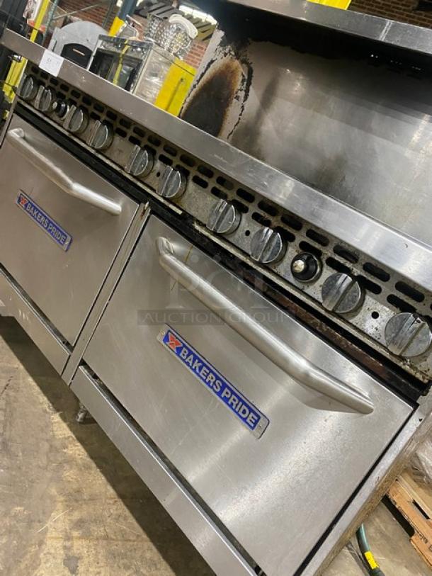 Bakers Pride 10-burner range with double oven, model 60BP10BS26N, stainless steel, with backsplash, salamander shelf, gas hose.