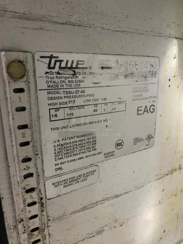 True TSSU-27-08 refrigerate prep table label showing model, serial number, voltage info, NSF certification, and patent details.