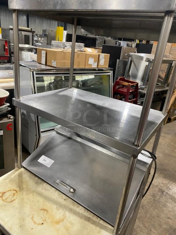 True TSSU-27-08 stainless steel salad/sandwich prep table with double overhead shelf, cutting board, wire rack, on casters.