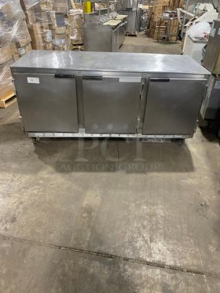 Beverage-Air stainless steel 3-door undercounter refrigerator, model UCR72A, with poly-coated wire racks, on casters.