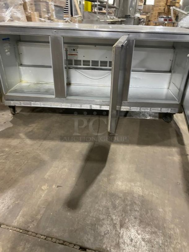 Beverage-Air UCR72A 72" 3-door undercounter refrigerator, stainless steel, on casters, includes poly-coated wire racks.