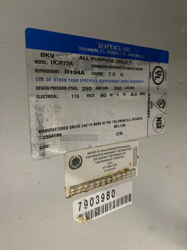Beverage-Air UCR72A 3-door 72" undercounter refrigerator, stainless steel, poly coated wire racks, 115V 1 phase, on casters.