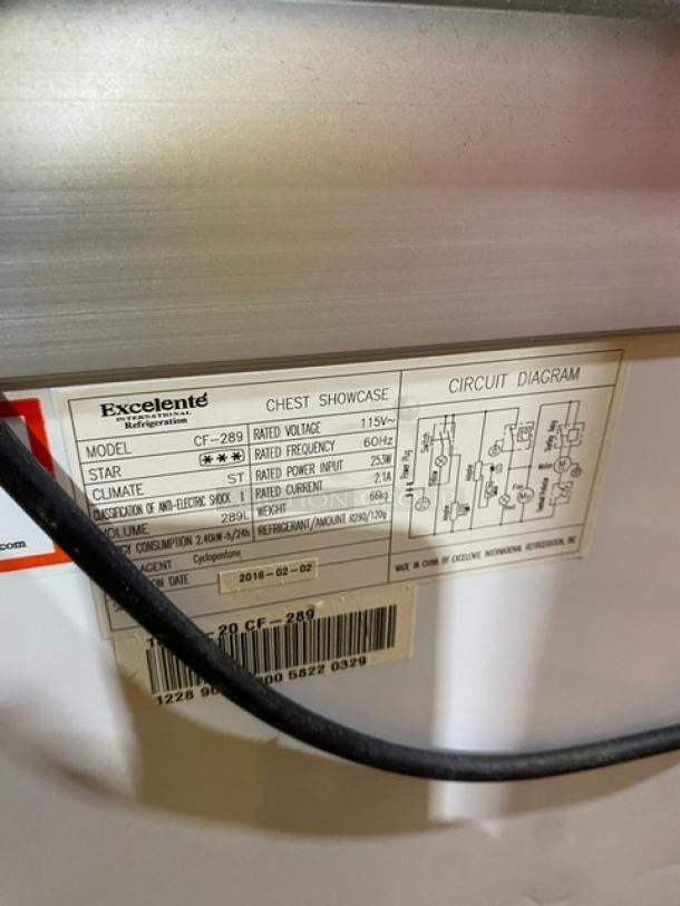 Excelente CF-289 chest freezer label with model, voltage, and circuit diagram. Features double sliding glass top, casters.