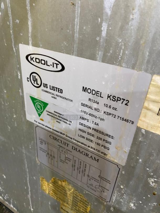Kool-It Model KSP72 label showing specifications including 115V, 7.5A, and design pressures. Circuit diagram is visible.