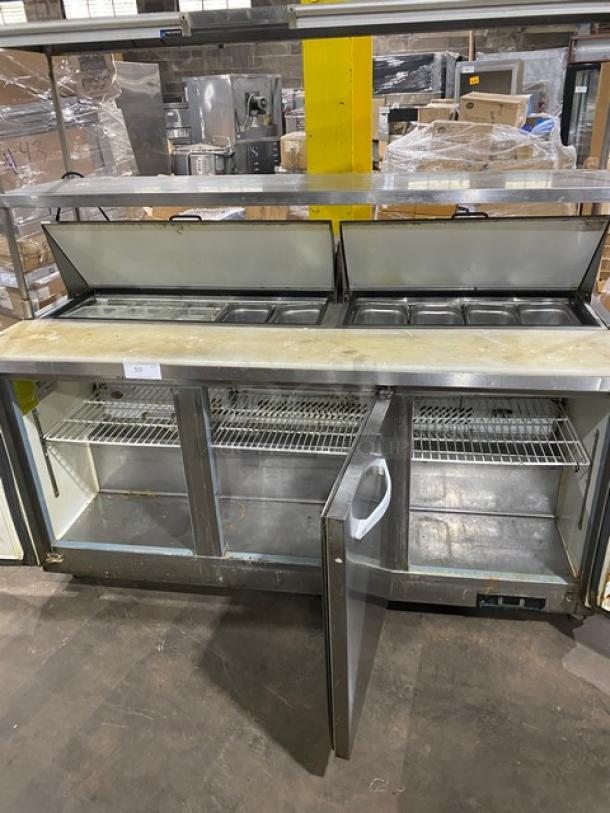 Kool-It KSP72 stainless steel 3-door refrigerated prep table, with cutting board, double shelf, and wire racks. Model KSP72.