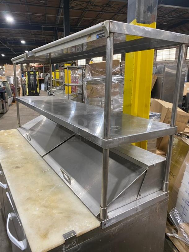 Kool-It KSP72 refrigerated prep table with cutting board, double overhead shelf, receipt holders, wire racks; on casters.